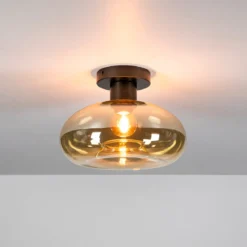 Bronze plafondlamp met rond beige glas - Santa Soll