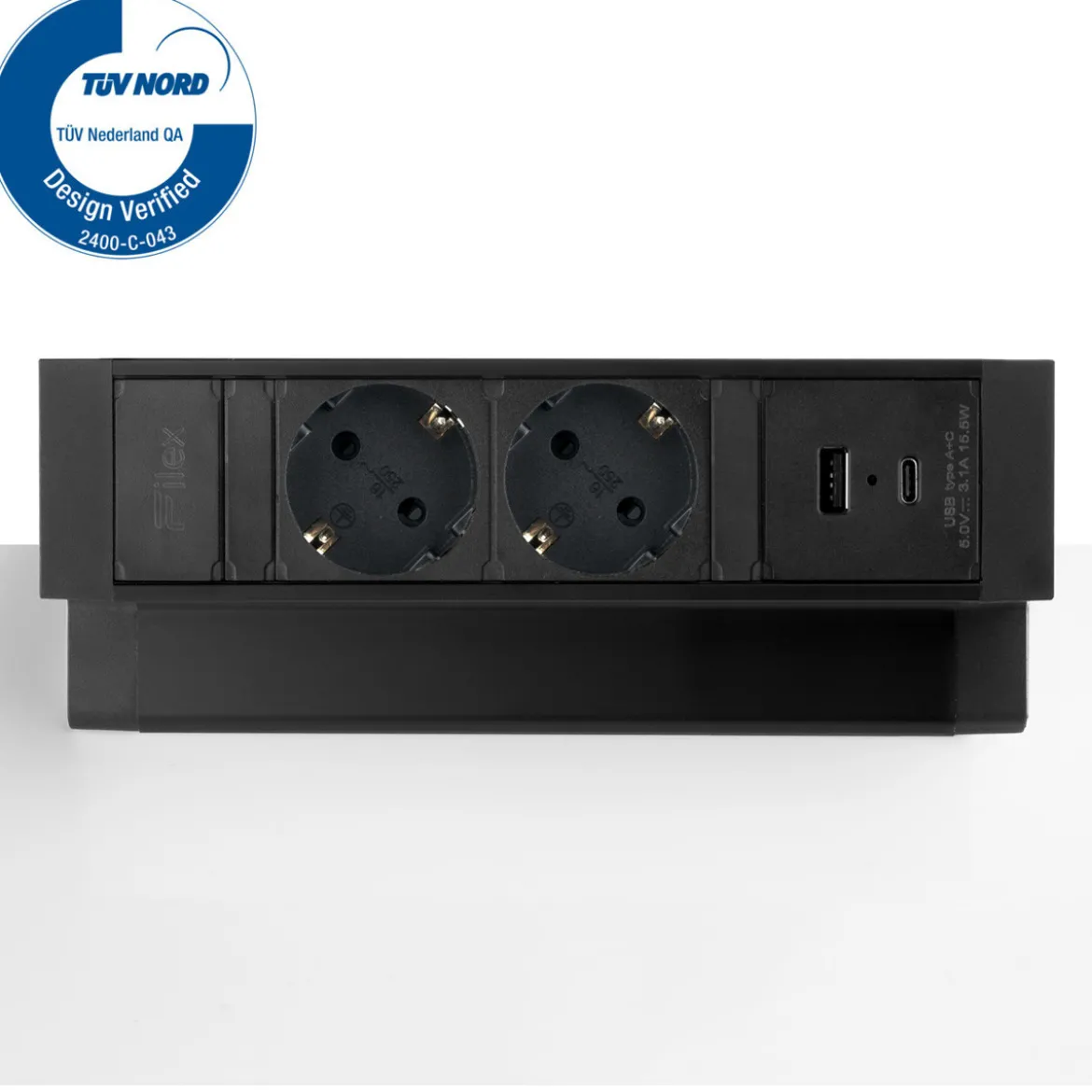 Bureau stekkerdoos zwart 2x 230V, 1x USB-A, 1x USB-C + eGST® snoer 3m - Lavis Power Desk Up® 2.0