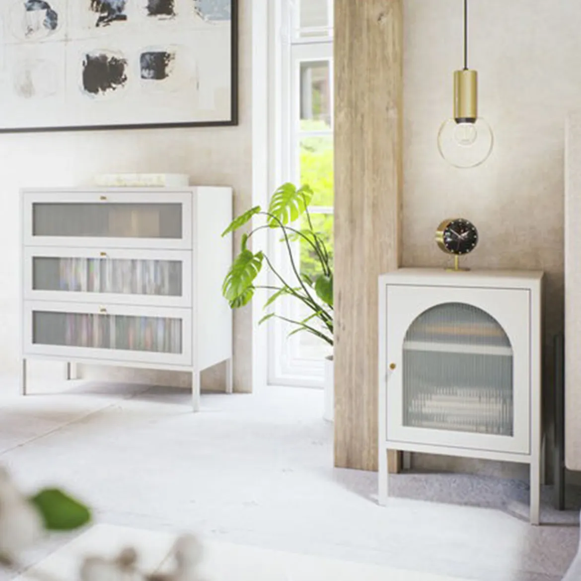 Klepdeuren kast off white met ribbelglas - Kare Design Naxos