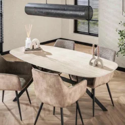 Ovale eettafel beige keramiek travertin - Giani Ceramic
