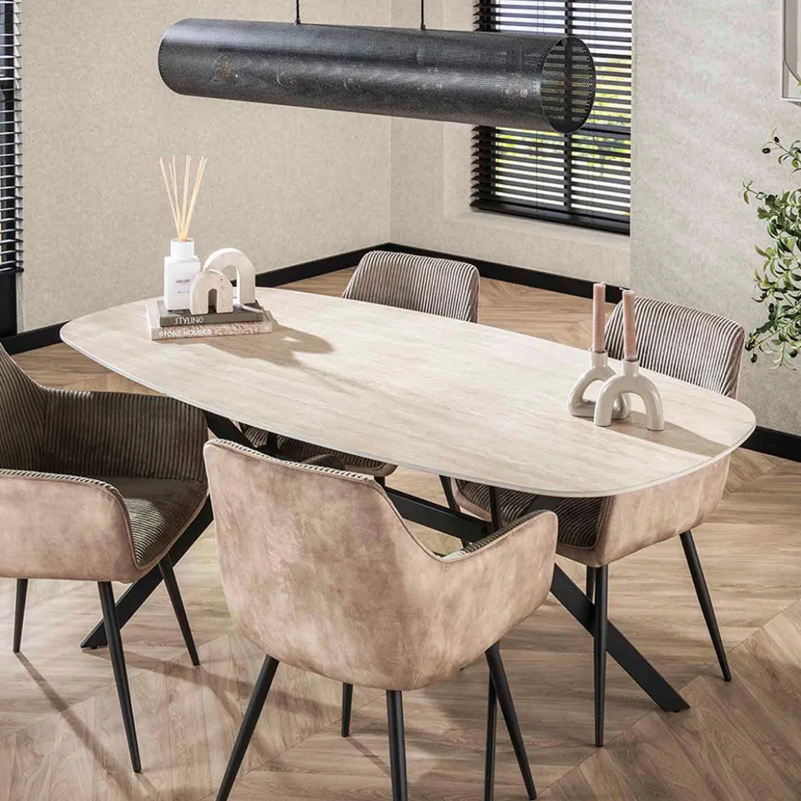 Ovale eettafel beige keramiek travertin - Giani Ceramic